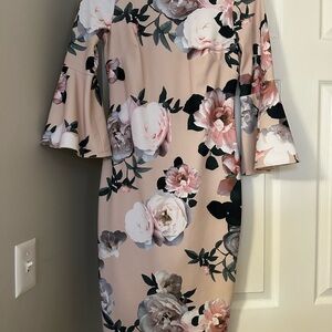 Calvin Klein Floral Long Sleeve Dress - Pink and Cream